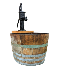 Half Wine Barrel and Cast Iron Hand Pump Water Fountain