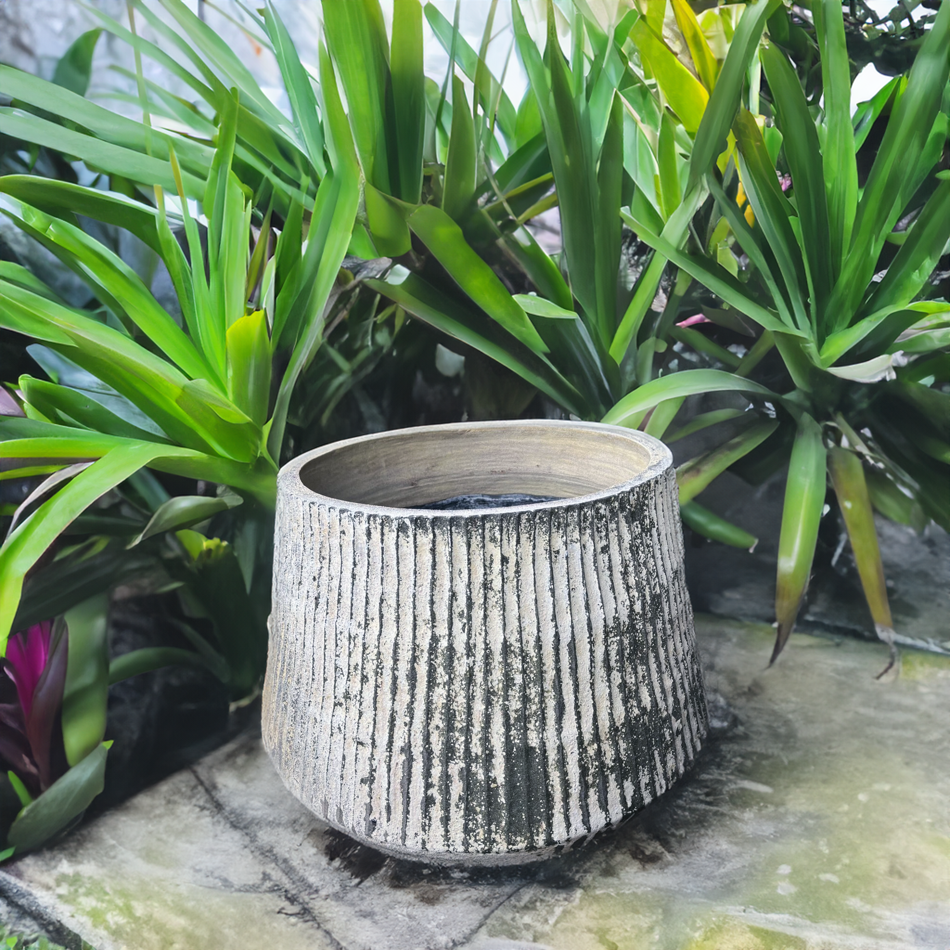 Thai limestone pots -- Fluted Torquelstone with vertical ribbing at Thomson's Garden Centre Orange NSW