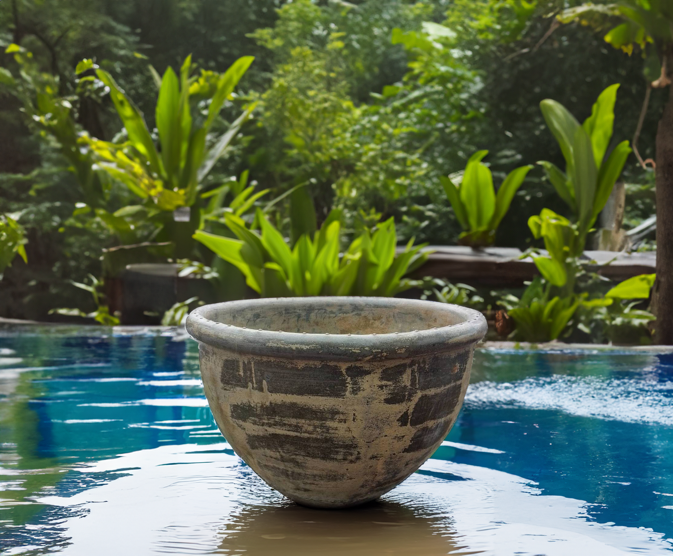 Thai limestone pots -- Grand Roll-lip Planter with smooth rolled edge and natural rustic finish at Thomson's Garden Centre Orange NSW